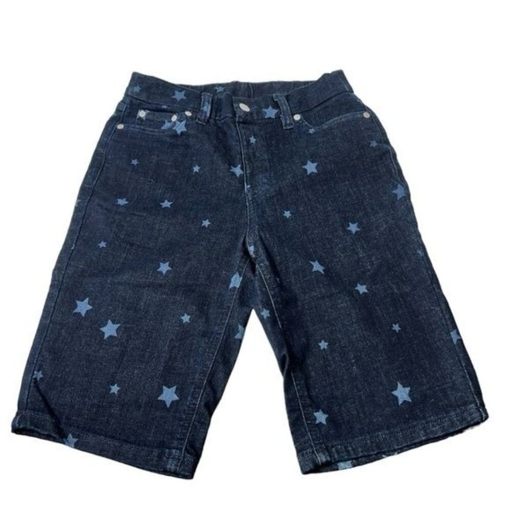 D & Co Womens Star Print Denim Bermuda Shorts Blue Mid Rise Stretchy Size 6
